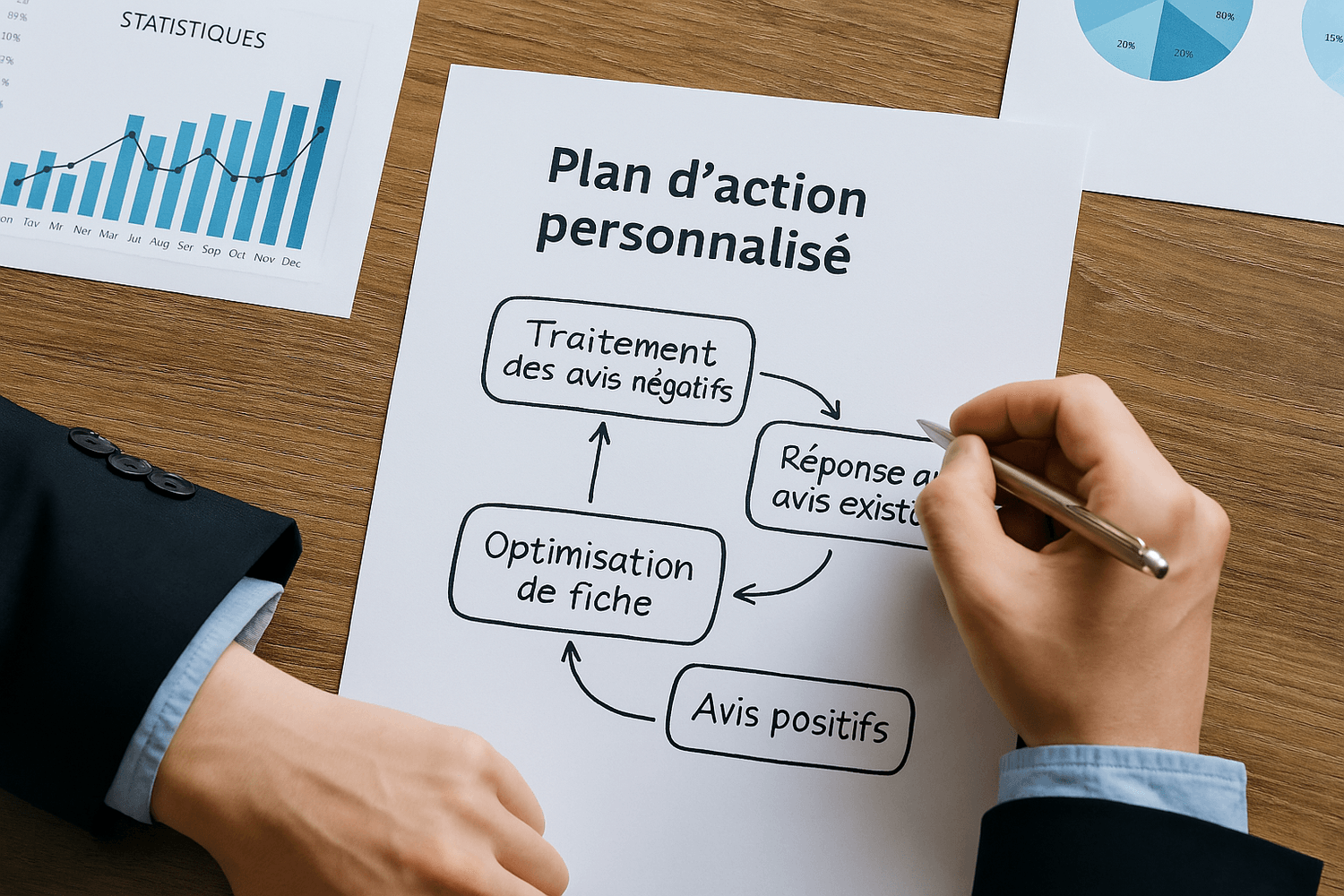 Schéma du plan d'action : traitement avis négatifs, réponse, avis positifs, optimisation fiche