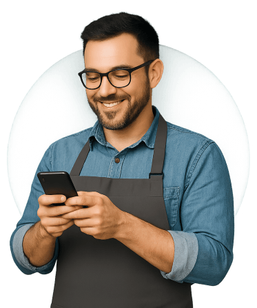 Chef de petite entreprise satisfait consultant ses avis clients sur mobile