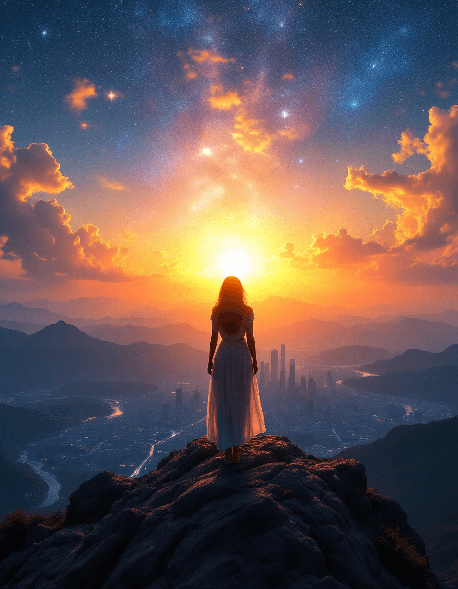 Woman standing independently, looking out over a city view
