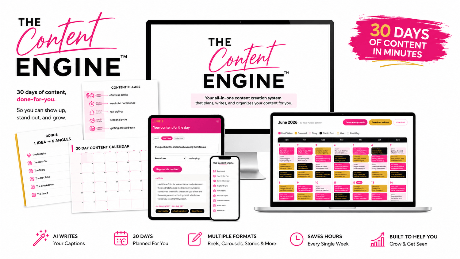 The Content Engine: a 30-day content calendar, content pillars, AI caption editor, and mobile app shown across desktop and phone