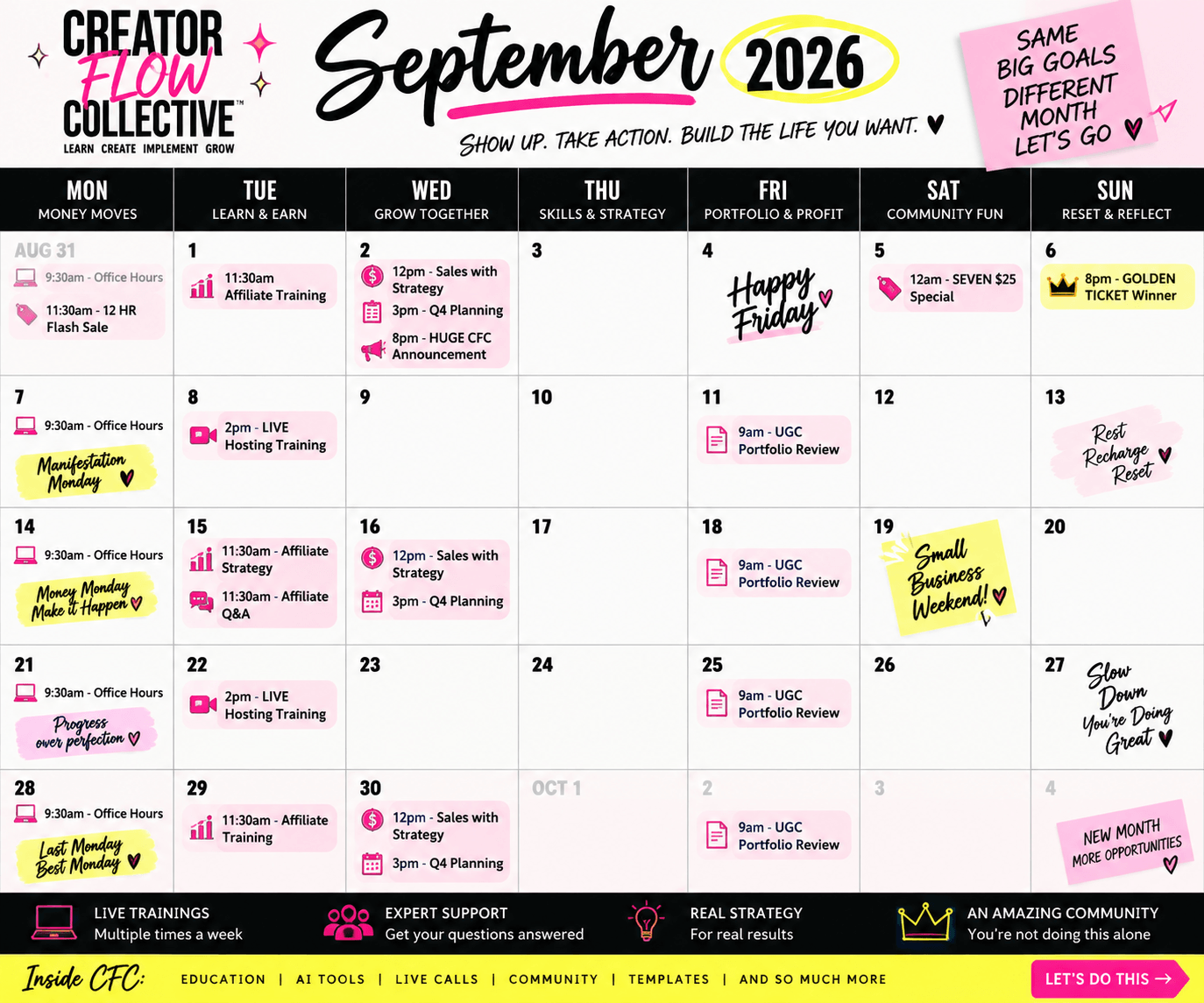 CFC live support calendar with community calls and sessions