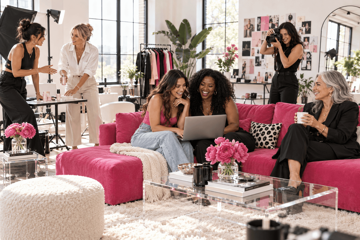 Illustrative AI-generated scene of fictional creators sharing ideas in a bright pink creative studio