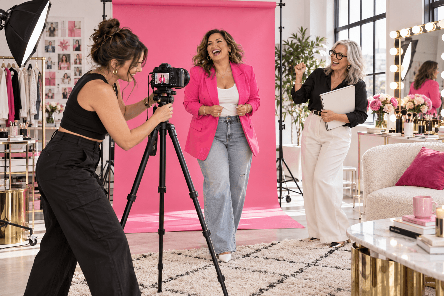 Illustrative AI-generated scene of fictional creators filming content together against a pink backdrop