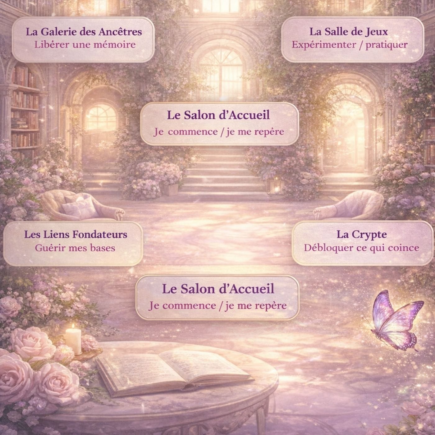 apprendre le tarot, bibliothèque, salon, rose