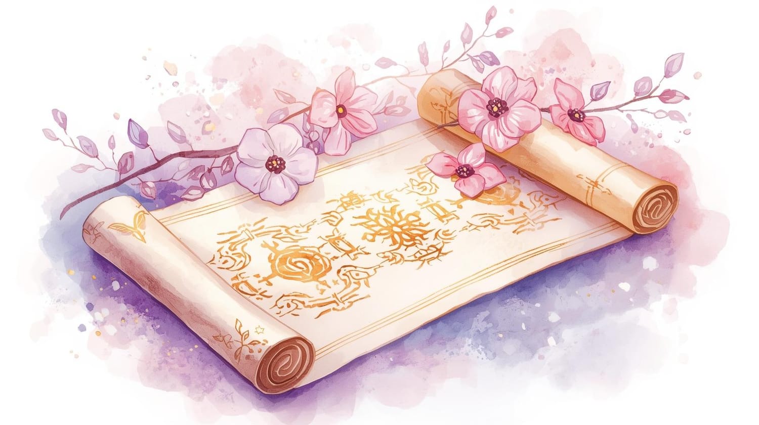 tarot sur parchemin, carte violet-rose, plantes et carte, parchemin