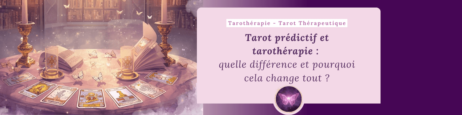 Illustration du tarot thérapeutique avec cartes de tarot, lumière douce et ambiance de guérison intérieure.