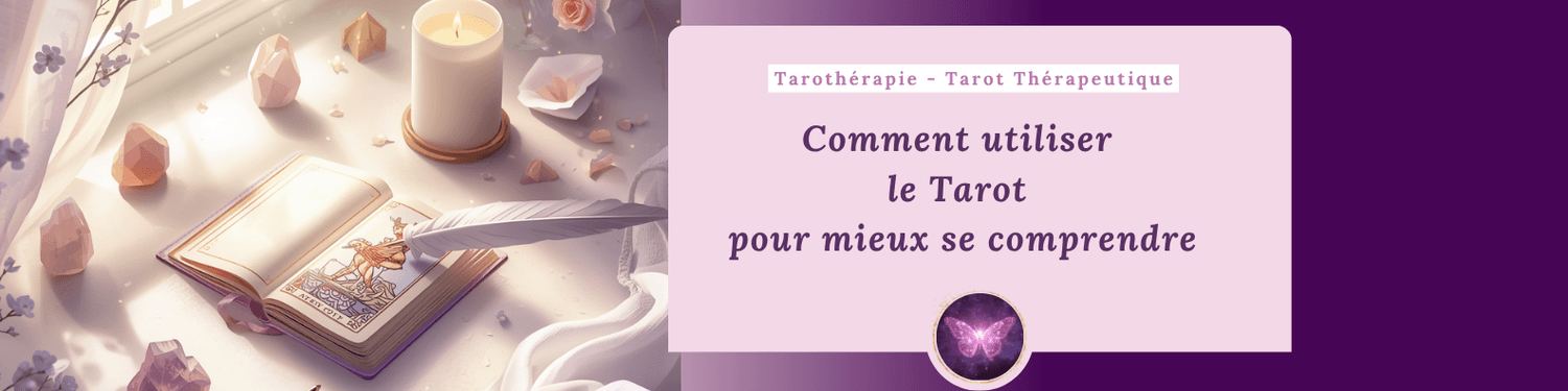 Illustration douce de la tarothérapie avec tarot, grimoire et ambiance spirituelle pastel violet rose blanc et doré