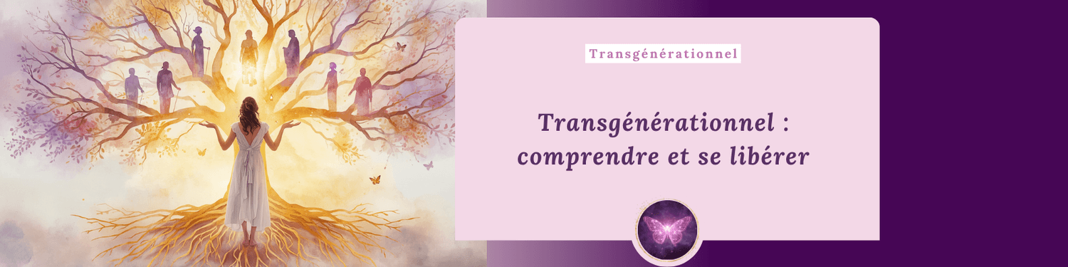 Illustration douce du transgénérationnel avec arbre généalogique lumineux, mémoires familiales et tarot thérapeutique.