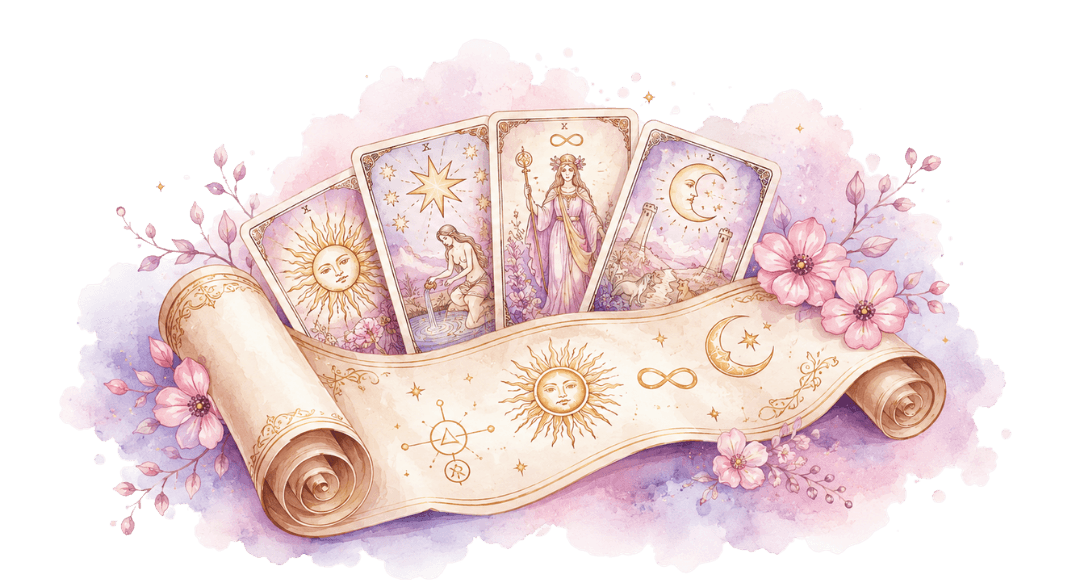 tarot sur parchemin, carte violet-rose, plantes et carte, parchemin