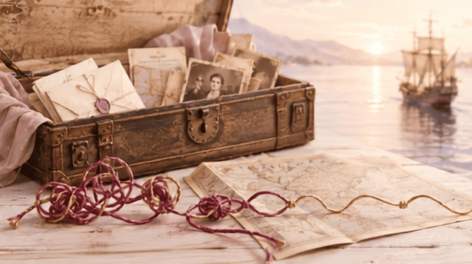 Voyage au cœur de l’âme, Nathalie Bouhours, Valise ancienne contenant des lettres et des souvenirs, symbolisant les mémoires familiales, les loyautés invisibles et les schémas répétitifs.