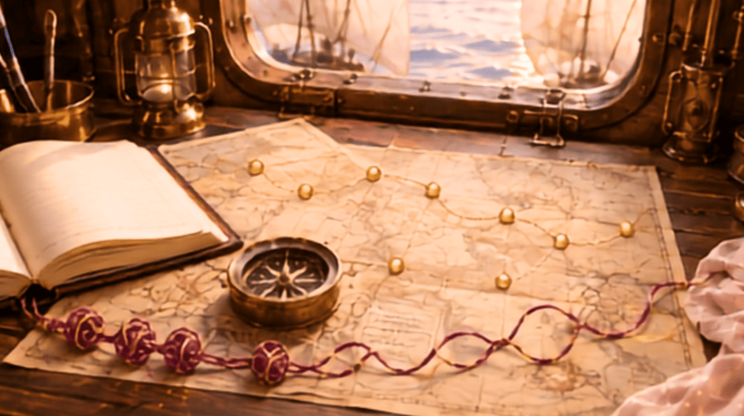 Voyage au cœur de l’âme, Nathalie Bouhours, Table de navigation avec une carte, une boussole, un journal de bord et un sabre ancien, symbolisant les neuf escales du Voyage au cœur de l’âme