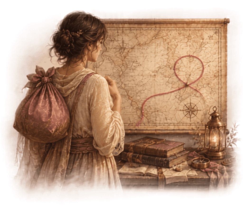 Femme observant une carte illustrant les conséquences des schémas répétitifs sur l’énergie, la confiance, les relations, les choix et l’avenir.