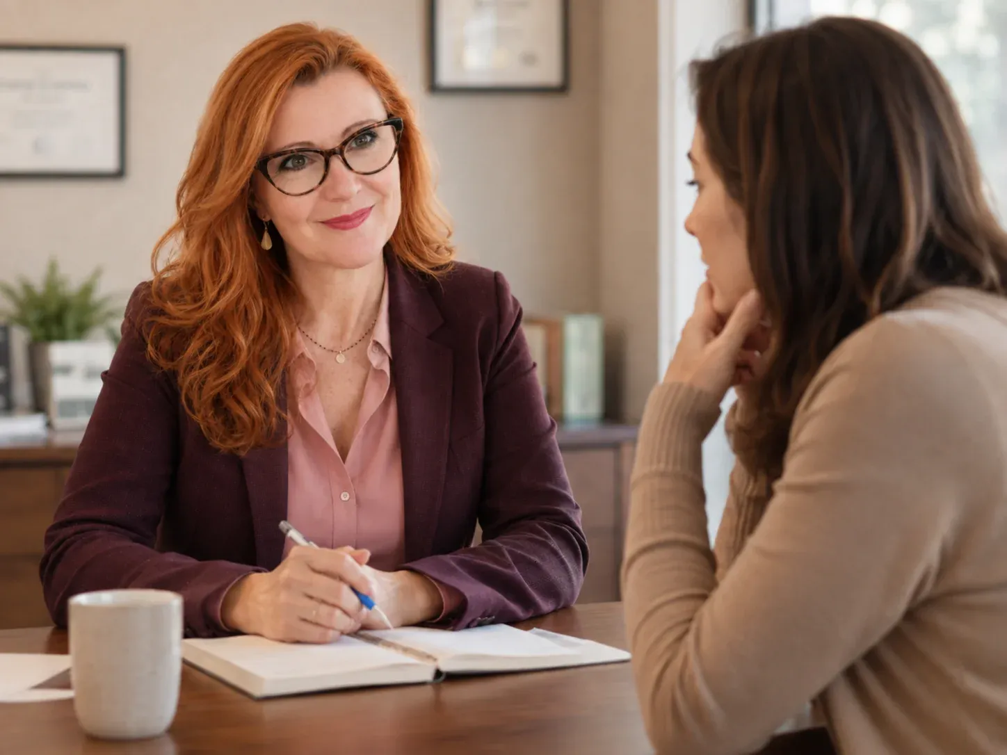 Nathalie Bouhours accompagne une salariée lors d’un entretien individuel confidentiel pour prévenir le stress et l’épuisement professionnel en entreprise à Paris et en Île-de-France.