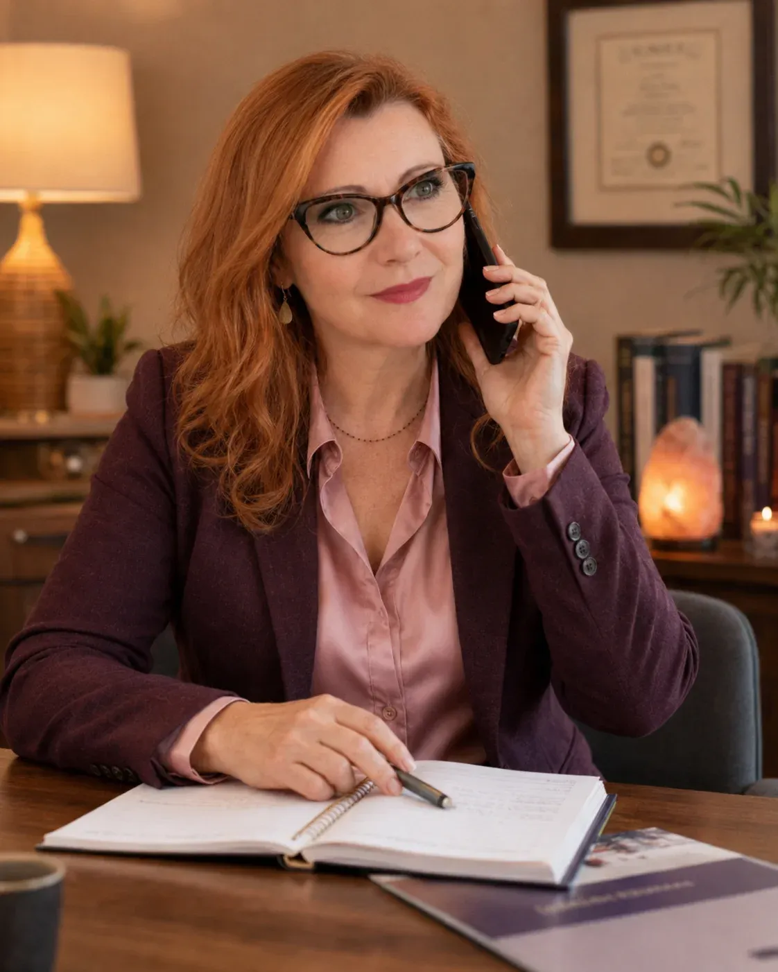 Femme rousse en tailleur violet et chemisier rose satin, assise dans un cabinet thérapeutique chaleureux, au téléphone avec un carnet ouvert devant elle, dans une ambiance professionnelle, douce et rassurante.