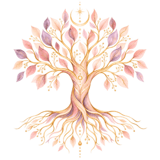 Arbre de vie pastel symbolisant les racines, l’ancrage et le transgénérationnel, Icône arbre de vie représentant l’ancrage et les mémoires familiales, âme et guérison Nathalie Bouhours.