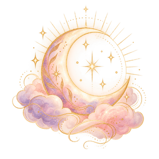 Emblème lunaire évoquant l’intuition, la douceur et la guidance intérieure, Icône céleste avec croissant doré symbolisant l’intuition et la guidance,   âme et guérison Nathalie Bouhours