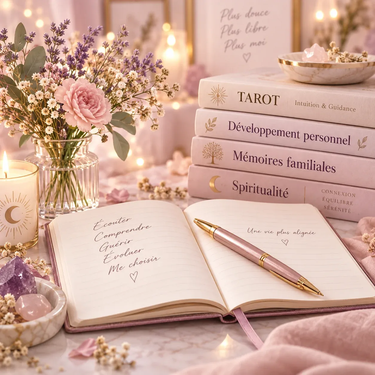 Carnet ouvert et livres autour du Tarot, du développement personnel et des mémoires familiales, âme et guérison Nathalie Bouhours