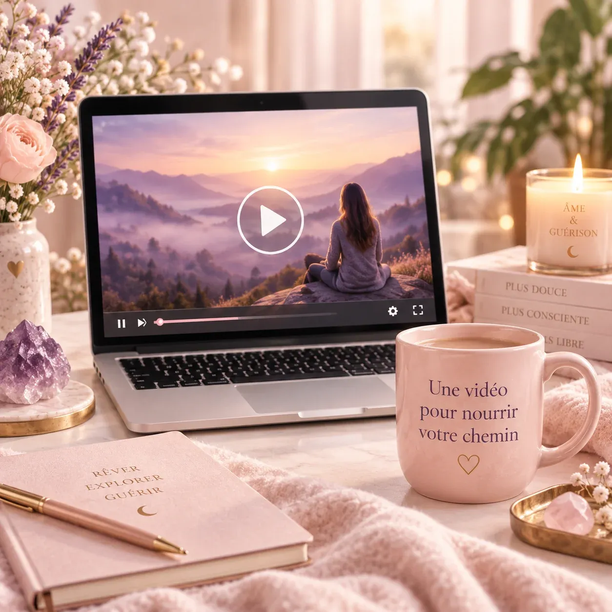 Ordinateur diffusant une vidéo de méditation et de cheminement intérieur pour Âme & Guérison âme et guérison Nathalie Bouhours