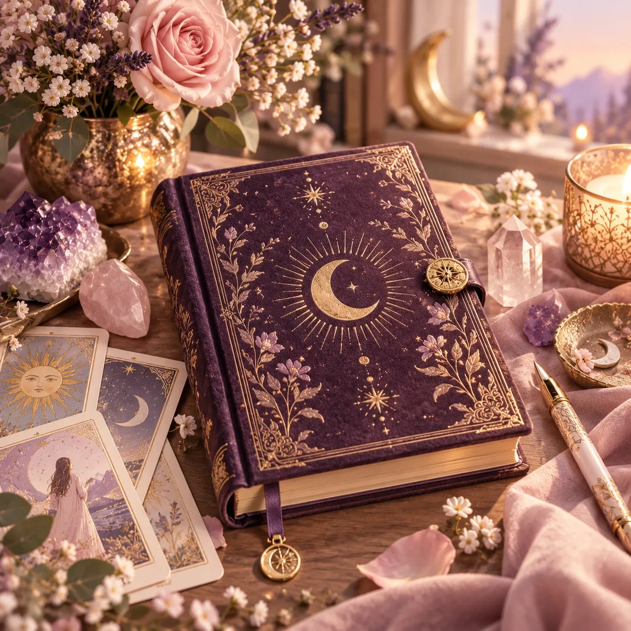 Grimoire de tarot thérapeutique à conserver avec cartes, cristaux et ambiance poétique