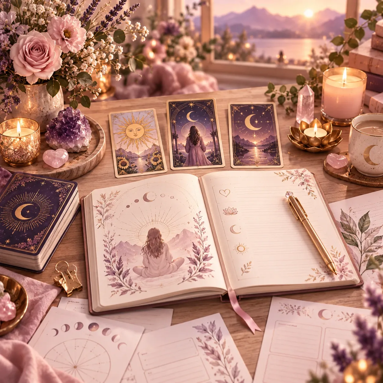 Exercices pratiques de tarot thérapeutique avec carnet, cartes et support d’intégration