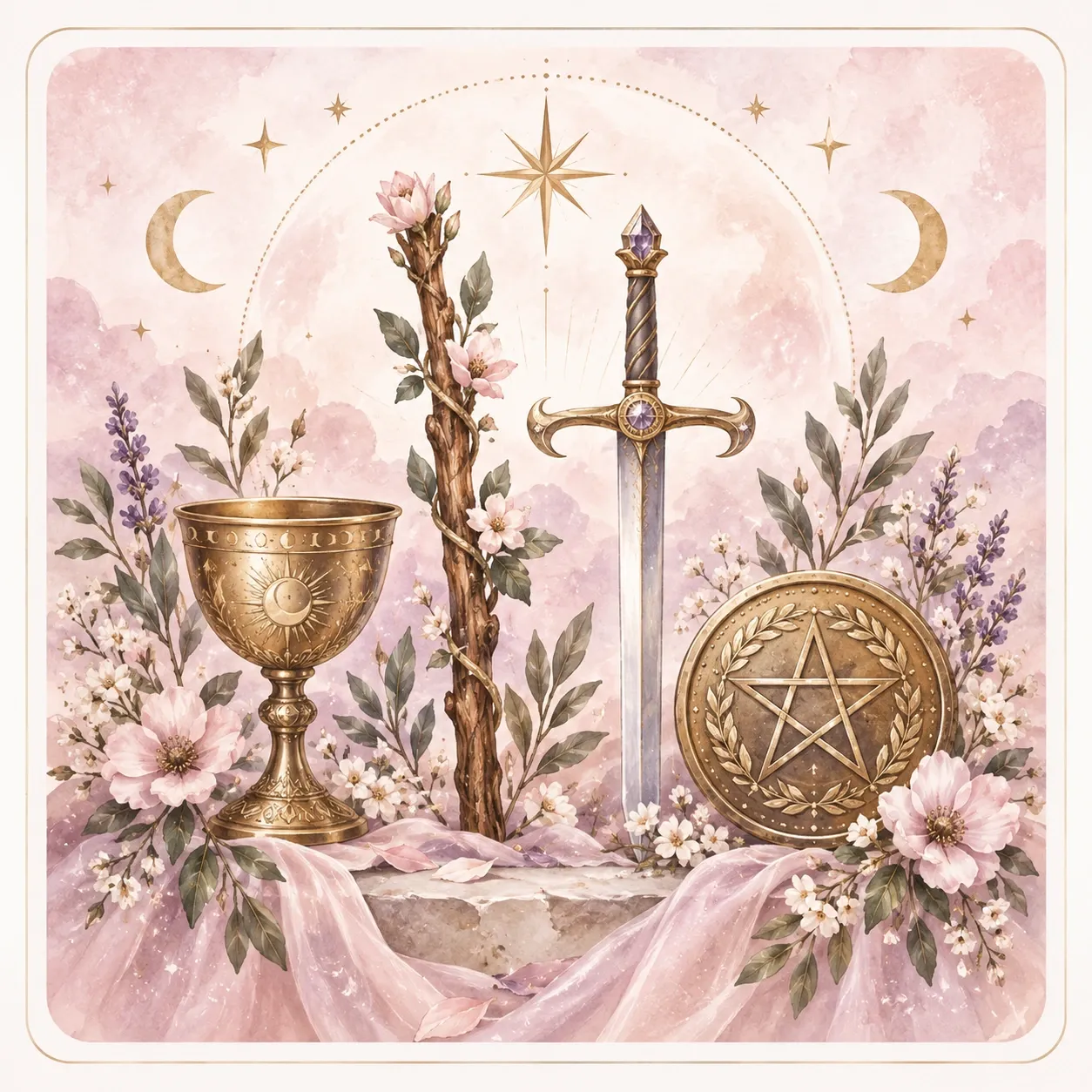 Les quatre familles des arcanes mineurs du Tarot de Marseille : Bâtons, Coupes, Épées et Deniers