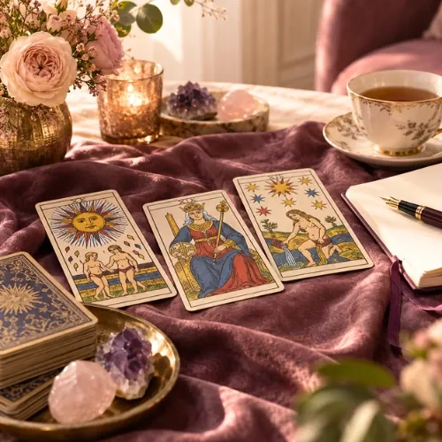 Espace de consultation avec cartes de tarot et bougie, illustration de voyance et tarot thérapeutique proposée par Nathalie Bouhours, Âme et Guérison, 75015 Paris et consultations à distance.