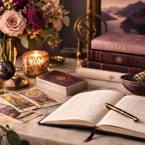 Tirage de cartes de tarot dans une atmosphère chaleureuse et spirituelle, visuel illustrant les accompagnements et formations de Nathalie Bouhours, Âme et Guérison, Paris et en ligne75015 