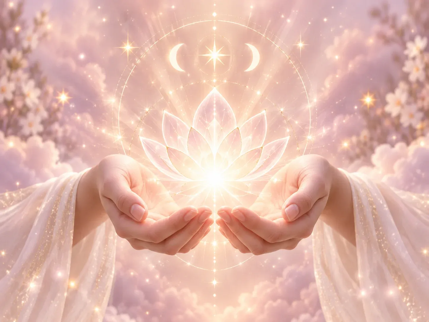 Lotus mystique tenu entre les mains, image symbolique de l’ouverture spirituelle, de la sensibilité et de l’éveil intérieur