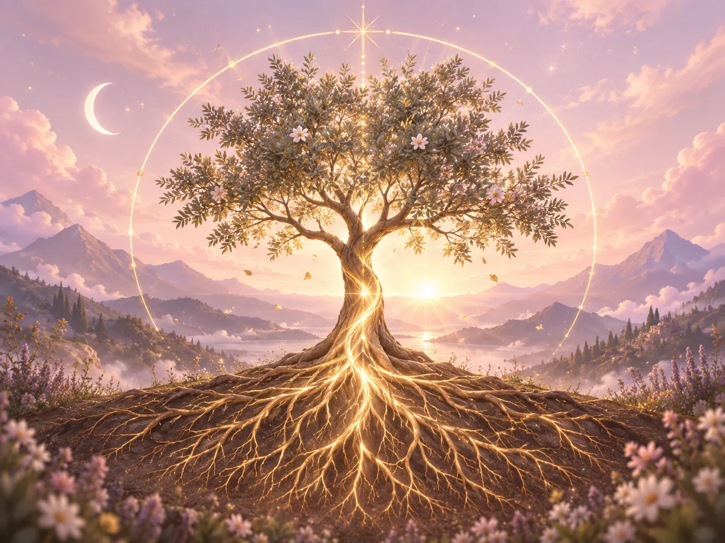 Arbre sacré baigné par une aube étoilée, symbole de connexion spirituelle, d’ancrage et de développement médiumnique