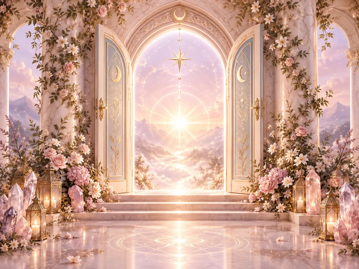 Portail céleste fleuri ouvrant vers l’au-delà, illustration de la connexion spirituelle et de l’éveil de la médiumnité