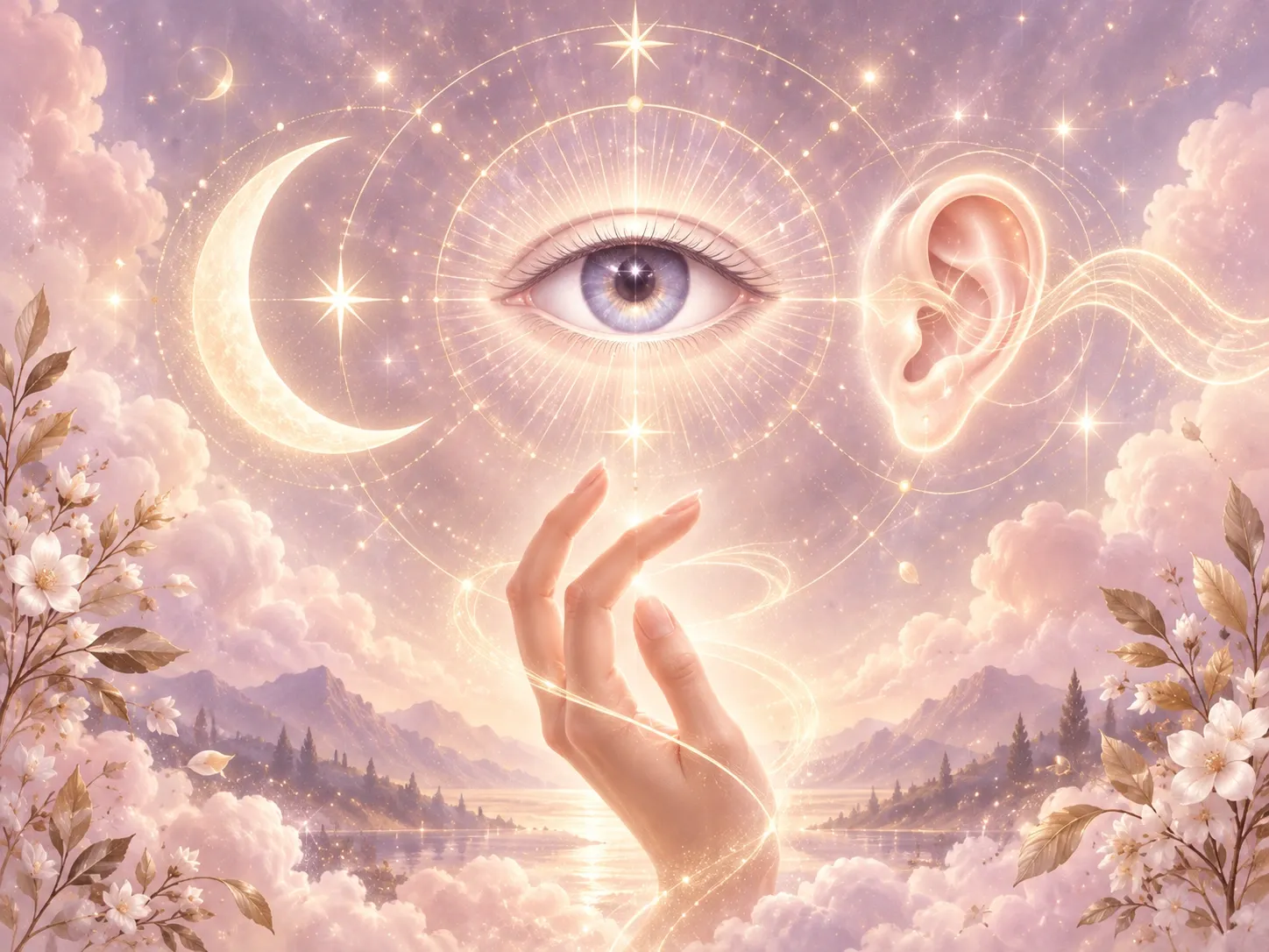 Illustration d’une vision astrale symbolisant les trois perceptions intuitives dans un parcours d’éveil à la médiumnité.