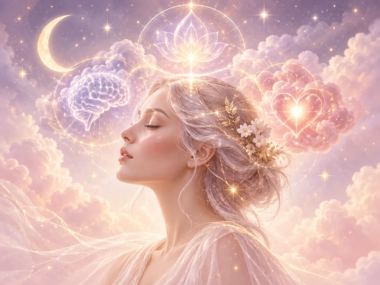 Portrait céleste évoquant l’intuition sereine, la sensibilité spirituelle et l’ouverture des perceptions subtiles