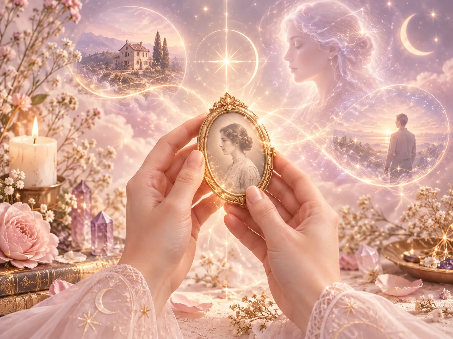 Médaillon d’amour sous un ciel étoilé, symbole de lien spirituel, de guidance du cœur et de connexion invisible