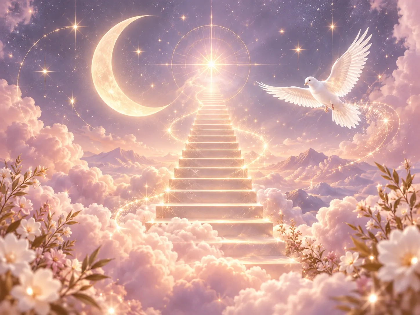 Escalier céleste sous une lune croissante, illustration spirituelle de l’éveil de la médiumnité et de l’élévation intuitive