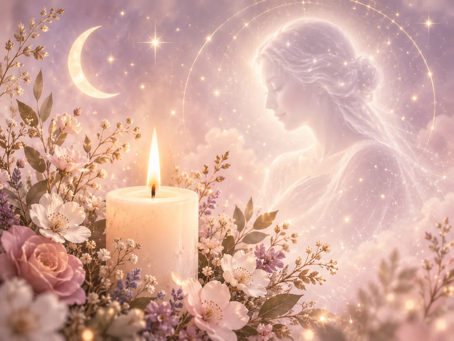 Bougie allumée et présence spirituelle sous la lune, illustration mystique liée à la médiumnité, au ressenti et à la connexion subtile