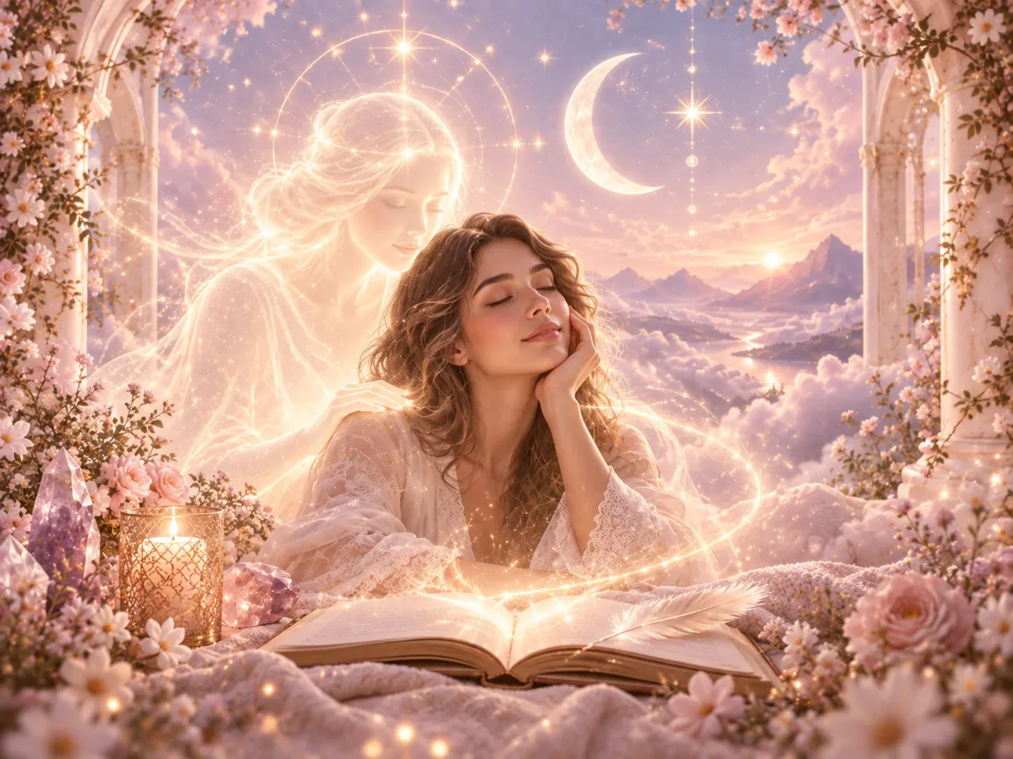 Guides de formation en médiumnité avec journal spirituel, lune et ambiance douce pour illustrer Réveillez votre Médiumnité de Nathalie Bouhours 75015 Paris