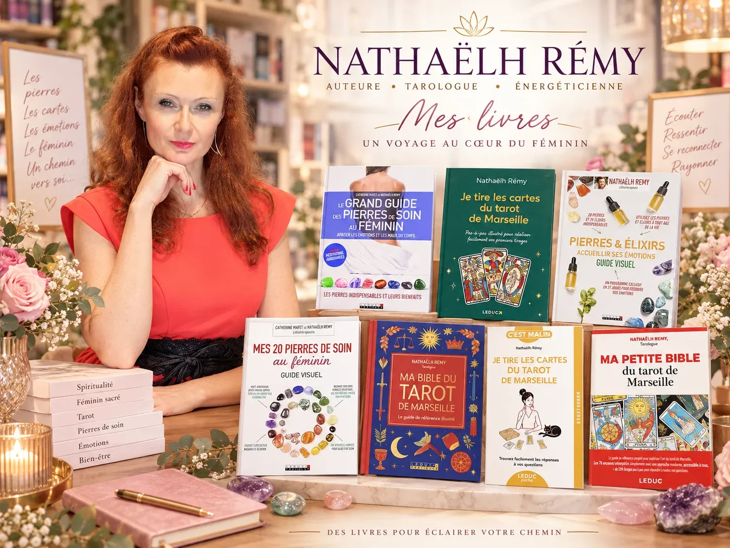 Nathaëlh Rémy, nom d’auteur de Nathalie Bouhours d’Âme & Guérison à Paris 75015, avec ses ouvrages sur le Tarot de Marseille et la lithothérapie.