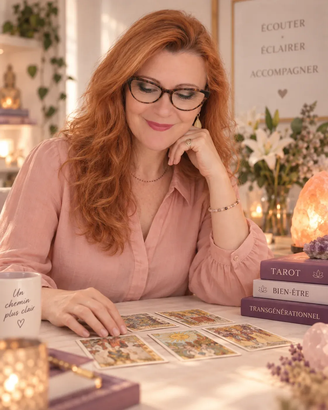Nathalie Bouhours, tarologue et praticienne en tarot thérapeutique à Paris 15, en consultation de tarot dans une ambiance chaleureuse avec lampe de sel de l’Himalaya.