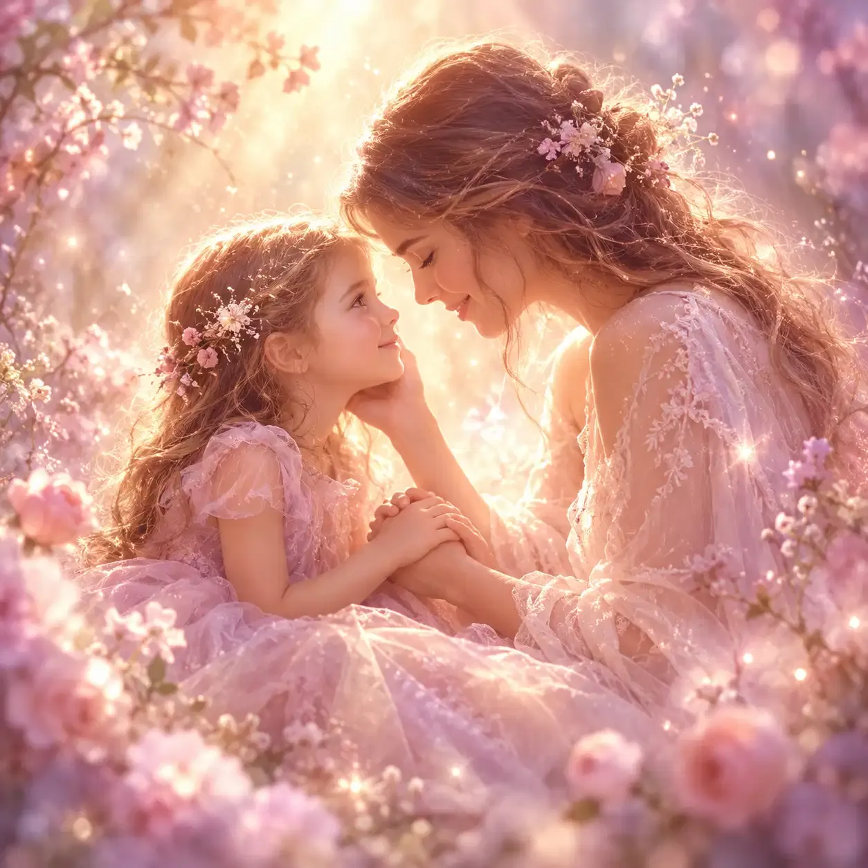 Enfant intérieur et blessures émotionnelles – scène douce et lumineuse entre une femme et une petite fille symbolisant la guérison intérieure