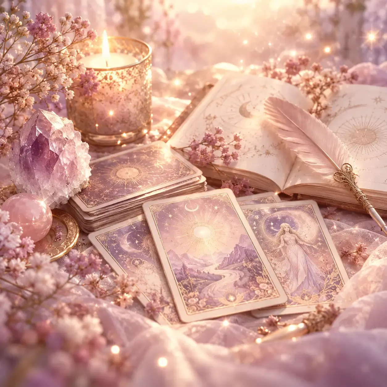 Tarot et Arcanes – cartes de tarot, livre ouvert et cristaux dans un univers doux, féerique et spirituel
