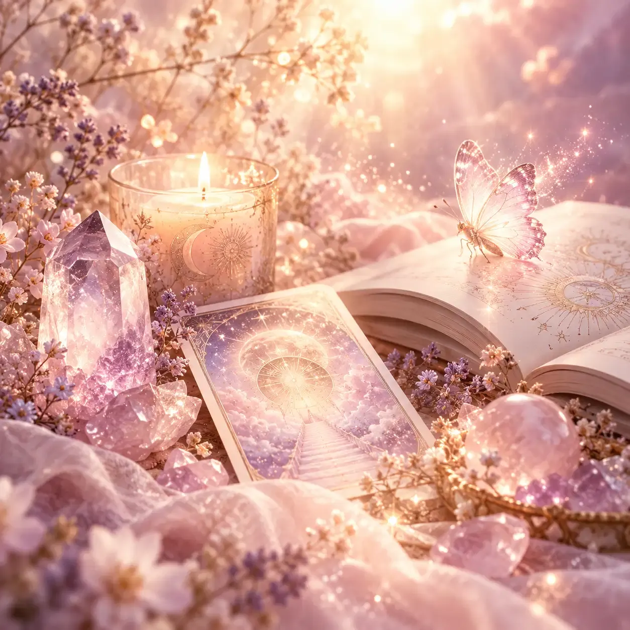 Intuition, médiumnité et spiritualité – cristal, papillon lumineux et univers spirituel doux autour d’un livre ouvert