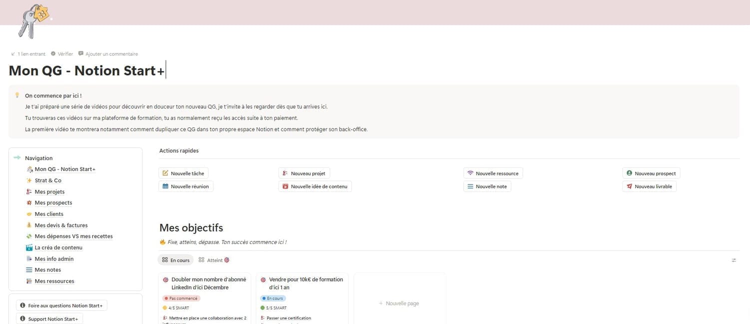 Capture du QG Notion : Page d'accueil