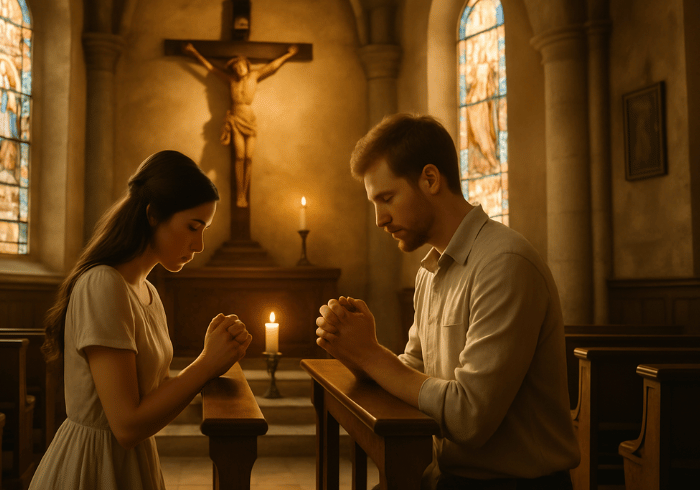 Catholic couple during marriage preparation with priest discussing Vatican Marriage Catechumenal Process