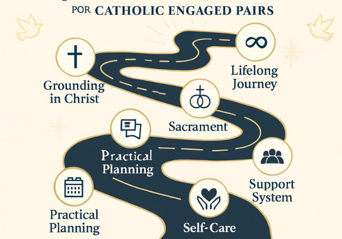 7 Essential Roadmaps for Catholic Engaged Pairs infographic showing spiritual journey pathway