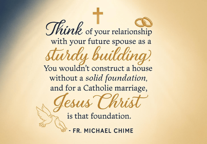 Fr. Michael Chime quote about building Catholic marriage on Christ as foundation with cross and wedding rings