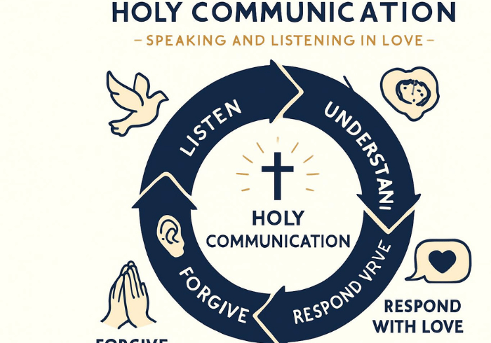 Holy communication process for Catholic couples showing circular flow of Listen, Understand, Respond with Love, Forgive