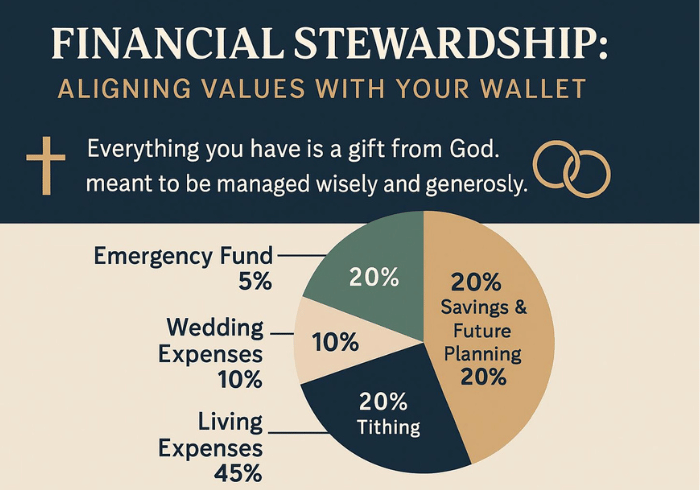 Catholic financial stewardship pie chart showing budget allocation for engaged couples