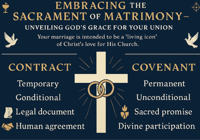 Catholic Sacrament of Matrimony infographic comparing contract versus covenant with cross and wedding rings