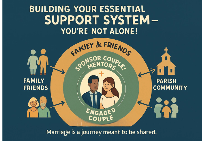 Catholic engaged couple support system diagram showing concentric circles of family, parish, and mentors