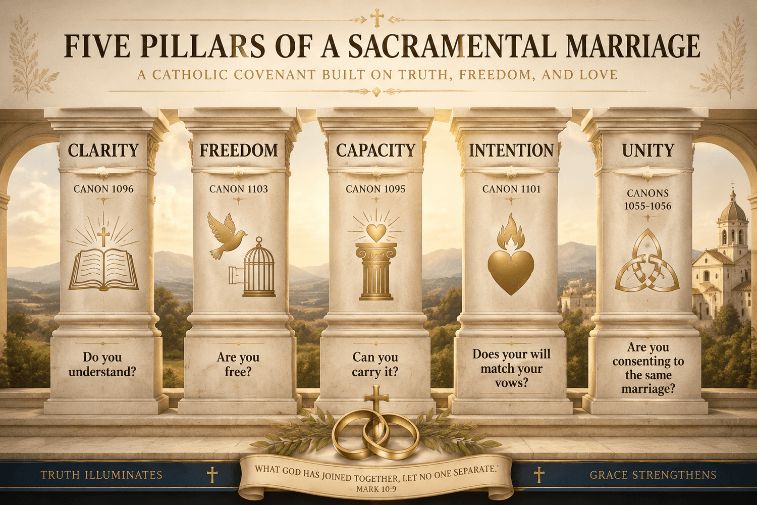 Detailed landscape format (1536x1024) infographic showing five classical stone pillars labeled left to right: Clarity (Canon 1096), Freedom (Canon 1103), Capacity (Canon 1095), Intention (Canon 1101), Unity (Canons 1055-1056). Each pillar has a question beneath it: 'Do you understand?', 'Are you free?', 'Can you carry it?', 'Does your will match your vows?', 'Are you consenting to the same marriage?'. Clean architectural illustration style with warm earth tones, gold accents, and a Catholic marriage covenant theme. Editorial quality, clear hierarchy.